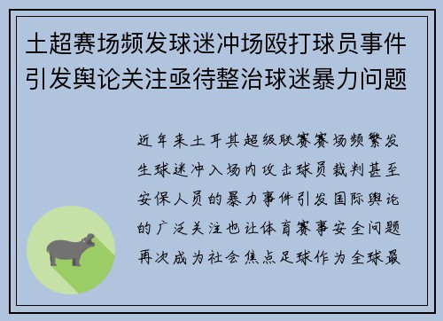 土超赛场频发球迷冲场殴打球员事件引发舆论关注亟待整治球迷暴力问题 土超赛场频发球迷冲场殴打球员事件引发舆论关注亟待整治球迷暴力问题