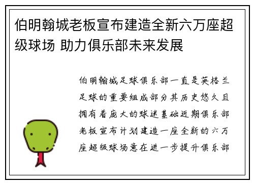伯明翰城老板宣布建造全新六万座超级球场 助力俱乐部未来发展 伯明翰城老板宣布建造全新六万座超级球场 助力俱乐部未来发展